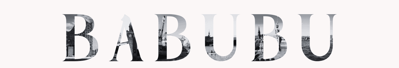 BABUBU-Schriftzug schwarzweiß mit Hamburgs Sehenswürdigkeiten darin